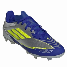 adidas Youth Jr. F50 Messi League FG/MG J Socce Cleats (Silver Metallic/Solar Yellow/Lucid Blue)