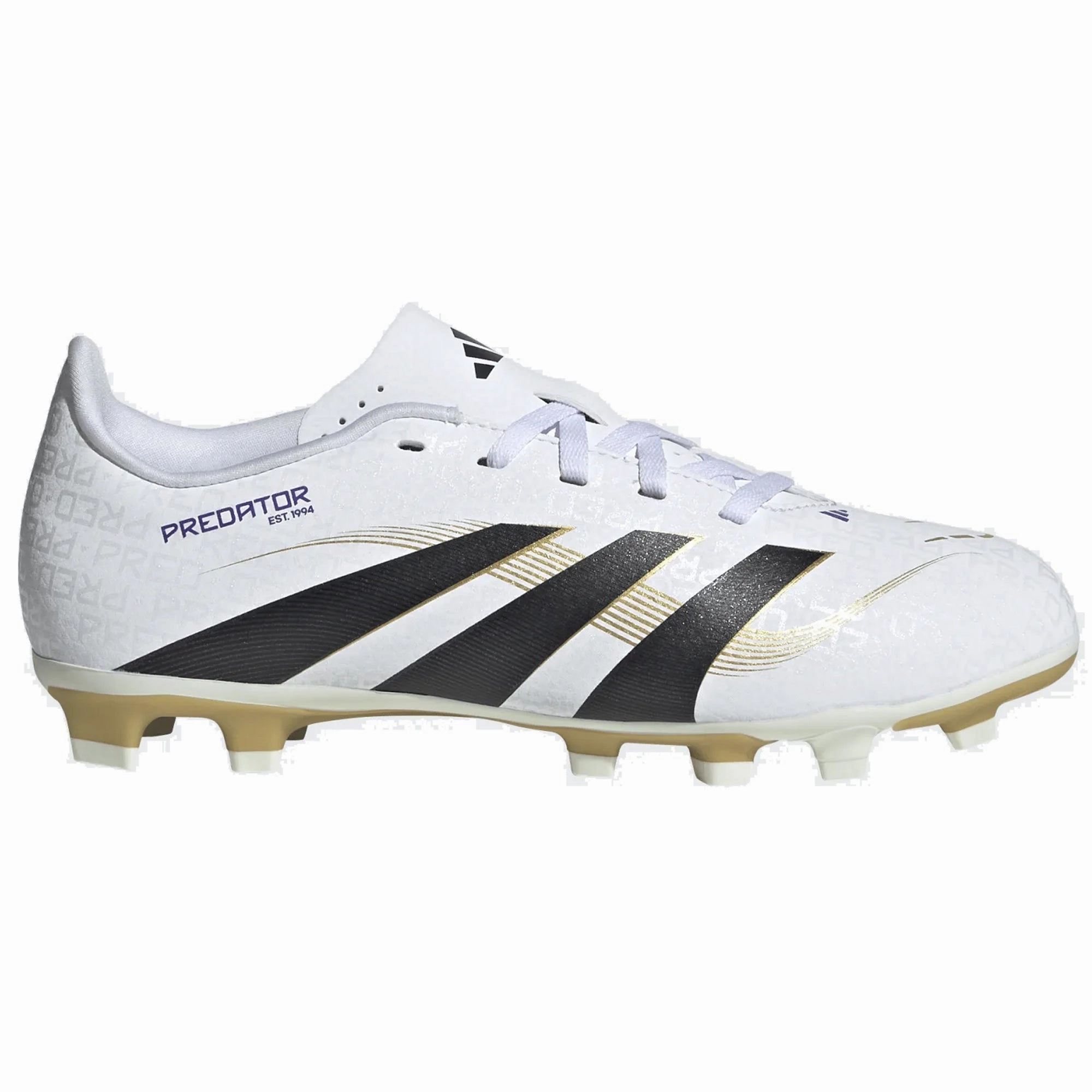 adidas Youth Jr. Predator Club Firm Ground Multi Ground Junior Soccer Cleats (White/Black/Gold Metallic)