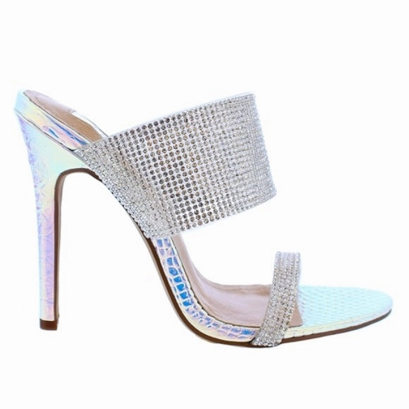 Arielle Rhinestone Double Strap Heels- Hologram Pink
