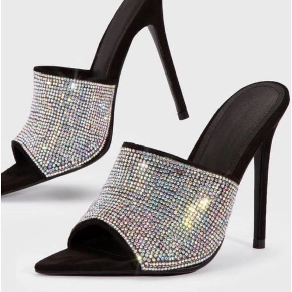 Black Rhinestone Mules.
