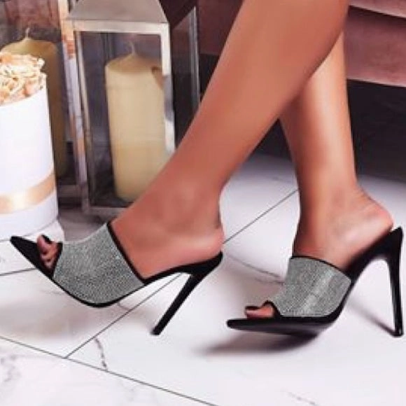 Black Rhinestone Mules.