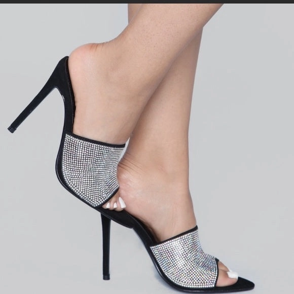 Black Rhinestone Mules.