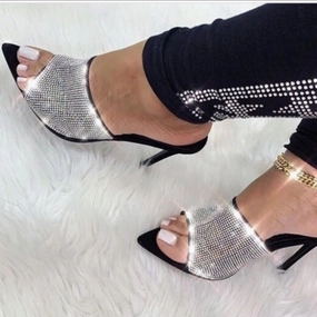 Black Rhinestone Mules.