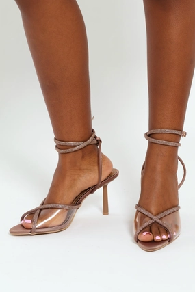 Lace Up Vinyl Diamante Stiletto Heel With Straps - Taupe
